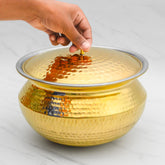 Pure Brass Round Handi With Lid for Cooking – Tin Coated (Kalai) – Handcrafted Hammered & Traditional Design